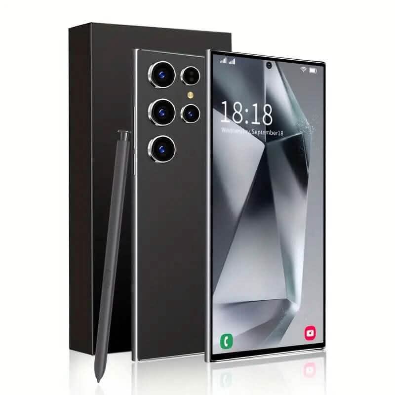 Gold Android Ultra Pro unlocked 5G smartphone with dual SIM, 8GB RAM, and 256GB storage, shown with the device's front and back.