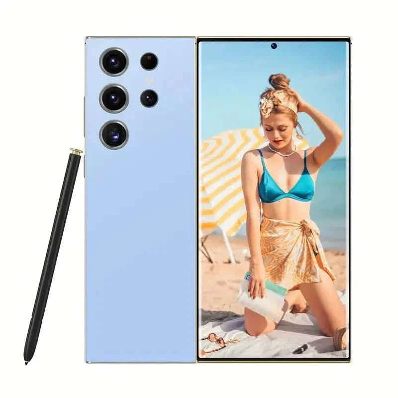 Gold Android Ultra Pro unlocked dual SIM 5G smartphone with 8GB RAM and 256GB storage, featuring a sleek modern design.