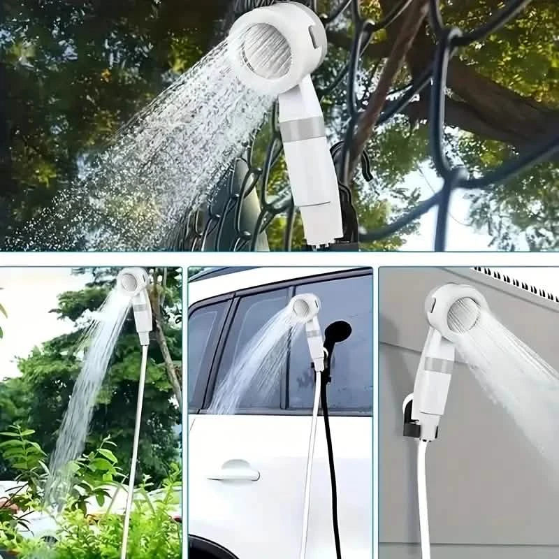 Portable rechargeable watering system for outdoor shower and camping bath, ideal for garden and patio use with easy setup.
