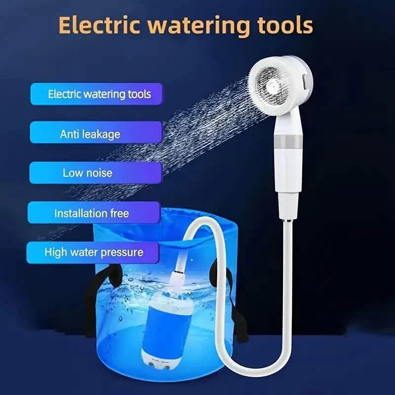 Portable rechargeable watering system for outdoor shower and camping bath, ideal for garden and patio use.