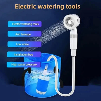 Portable rechargeable watering system for outdoor shower and camping bath, ideal for garden and patio use.
