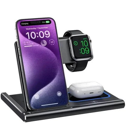 Wireless charging station by DailySale, 3-in-1 multifunctional mobile accessory with charging pads and USB ports, black and sleek design.
