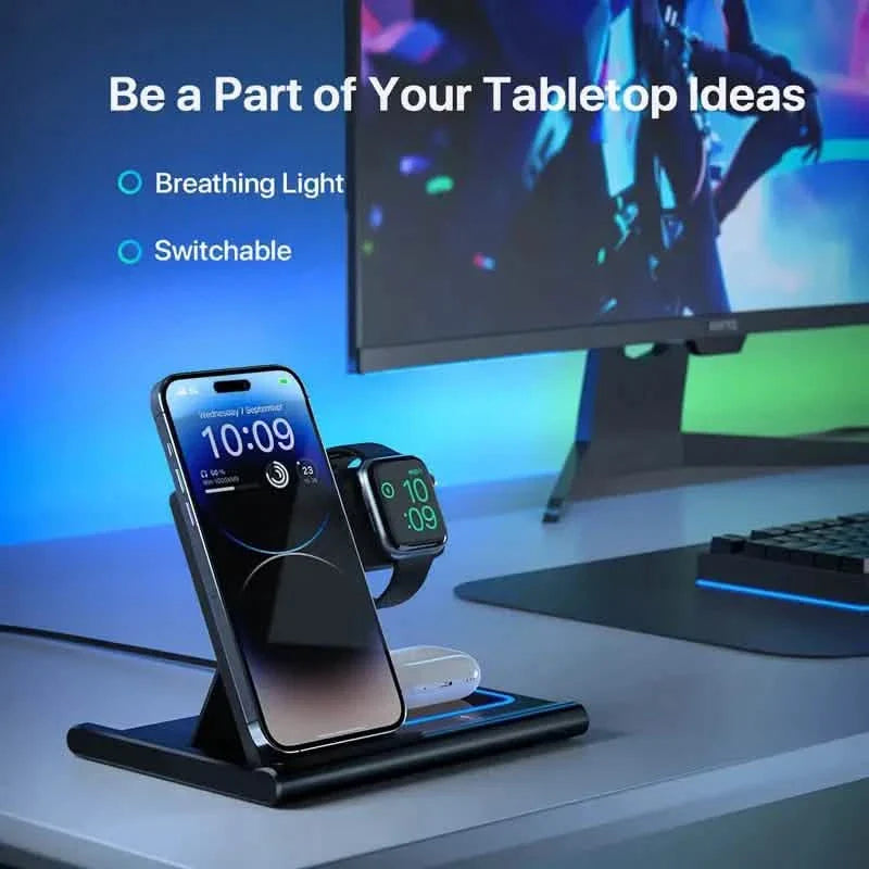 Wireless charging station by DailySale supporting 3-in-1 mobile accessories with space for phone, earbuds, and smartwatch.