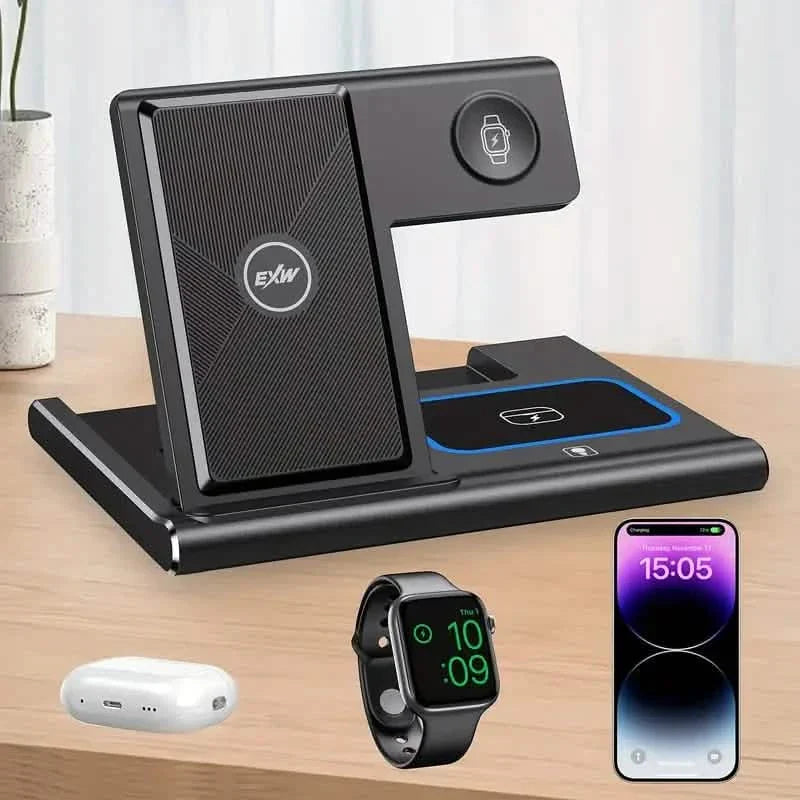 Wireless charging station by DailySale with multiple device slots for phones, earbuds, and smartwatch charging in a sleek design.