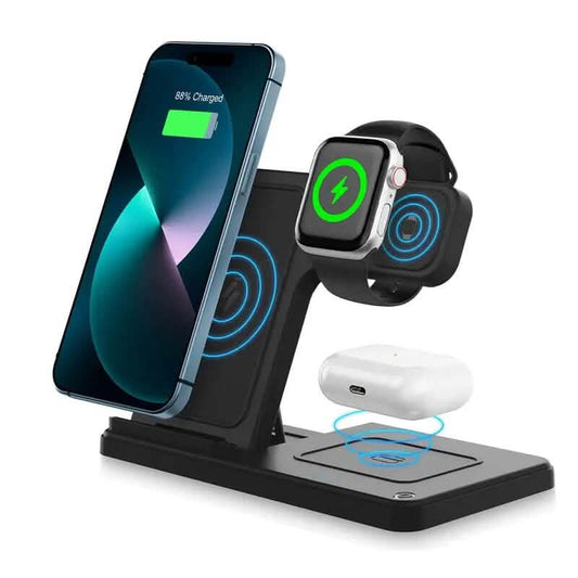 DailySale 3-in-1 wireless charging station with 15W fast Mag-Safe charger stand for smartphones and accessories.