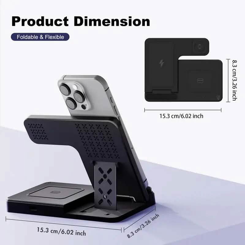 Wireless charging station 3-in-1 stand with Mag-Safe and 15W fast charging for mobile accessories by DailySale