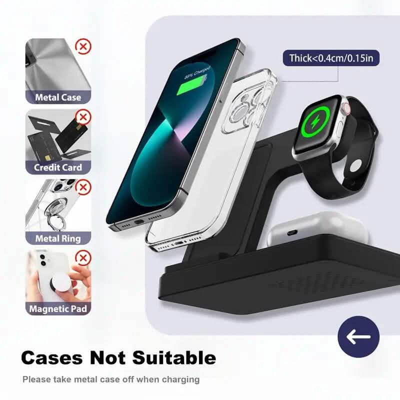 Wireless charging station 3-in-1 stand by DailySale with Mag-Safe charger for fast 15W wireless charging of smartphones and accessories.