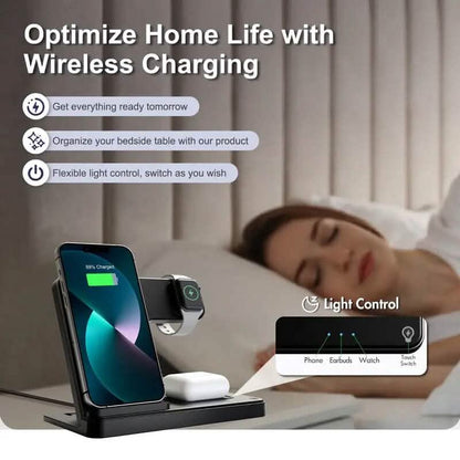 Wireless charging station 3-in-1 stand by DailySale for Mag-Safe, supports 15W fast charging for iPhone, Apple Watch, and AirPods.