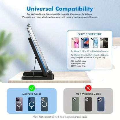 Wireless charging station 3-in-1 stand for Mag-Safe devices with 15W fast charging, designed for mobile accessories by DailySale.