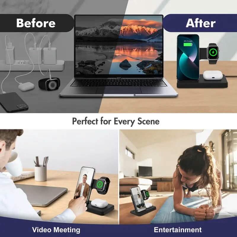 Wireless charging station 3-in-1 stand by DailySale with Mag-Safe compatible fast charging for smartphones and accessories.