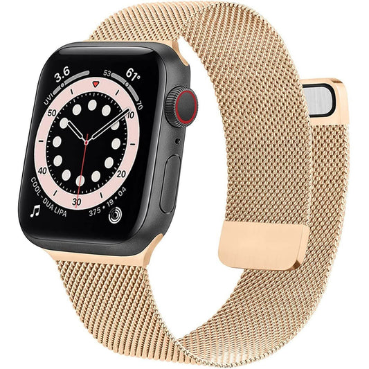 Stainless steel mesh strap replacement for Apple Watch Series 1-6, SE, in rose gold for 38mm and 40mm smart watches.