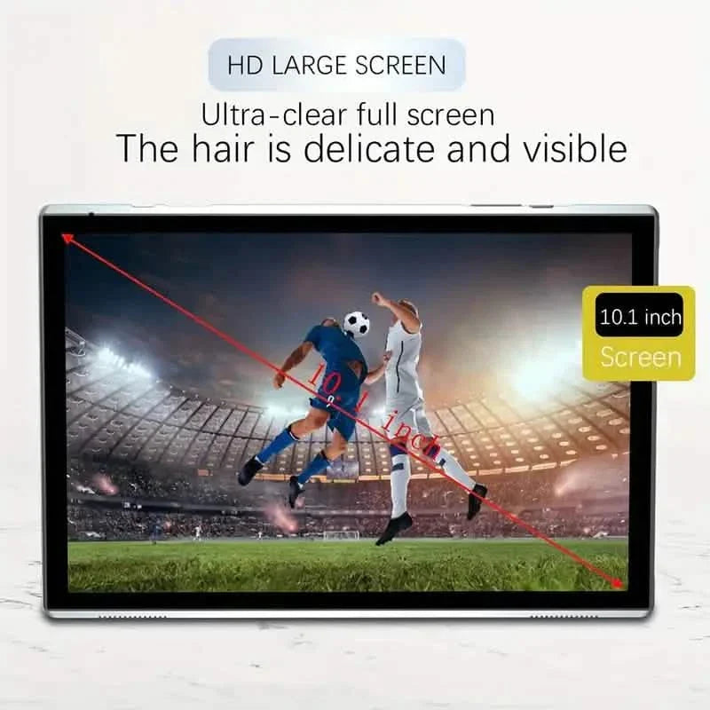 10-inch Android 12 tablet with 32GB storage, 4GB RAM, and front and back cameras, shown with screen and sleek black design.