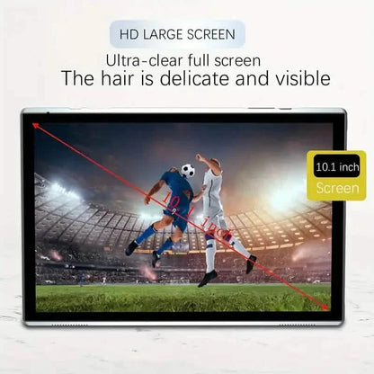 10-inch Android 12 tablet with 32GB storage, 4GB RAM, and front and back cameras, shown with screen and sleek black design.