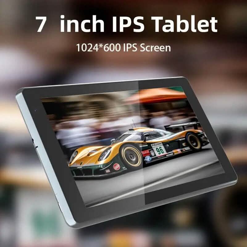 Android 12.0 7-inch tablet with dual camera, 32GB RAM and storage, displayed with screen and sleek design