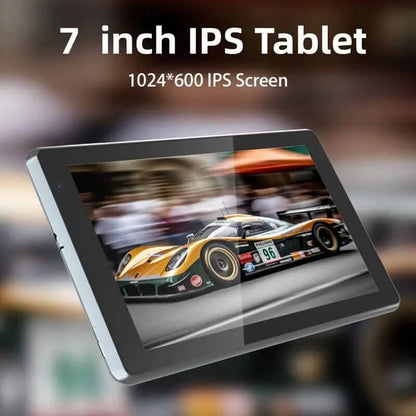Android 12.0 7-inch tablet with dual camera, 32GB RAM and storage, displayed with screen and sleek design