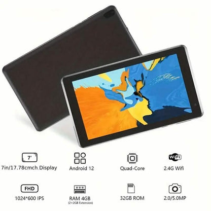 Android 12.0 dual-camera 7-inch tablet with 32GB RAM and storage, displayed with screen and sleek design.