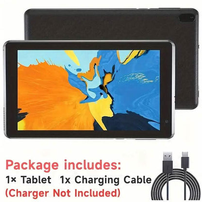Android 12.0 7-inch tablet with dual cameras, 32GB RAM, and storage, featuring a sleek design and user-friendly interface.