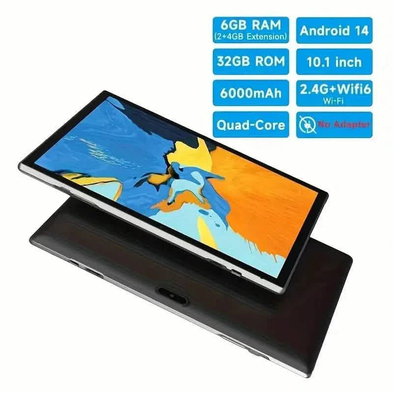 Android 14 10-inch tablet by DailySale with 2GB+4GB RAM, 32GB ROM, and 1TB expandable storage, showing the tablet screen.