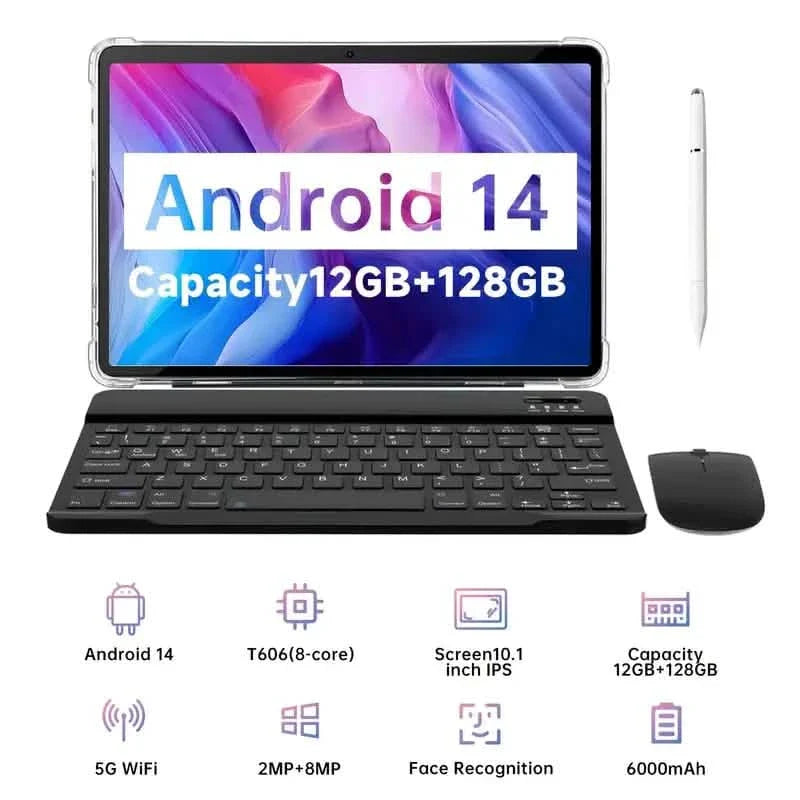 Android 14 tablet with 10.1-inch display, 12GB RAM, 128GB ROM, featuring a keyboard and mouse from DailySale.