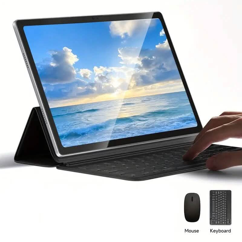 Android 14 tablet with 10.1-inch screen, 12GB RAM, 128GB storage, keyboard, and mouse from DailySale.