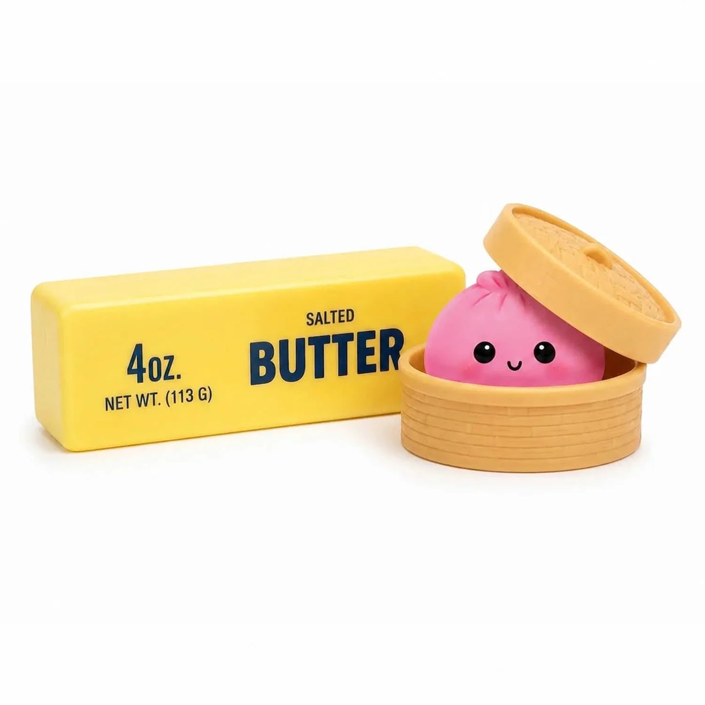Two slow-rising fidget toys: a squishy dumpling and a butter-shaped squishy, designed for stress relief and sensory play.
