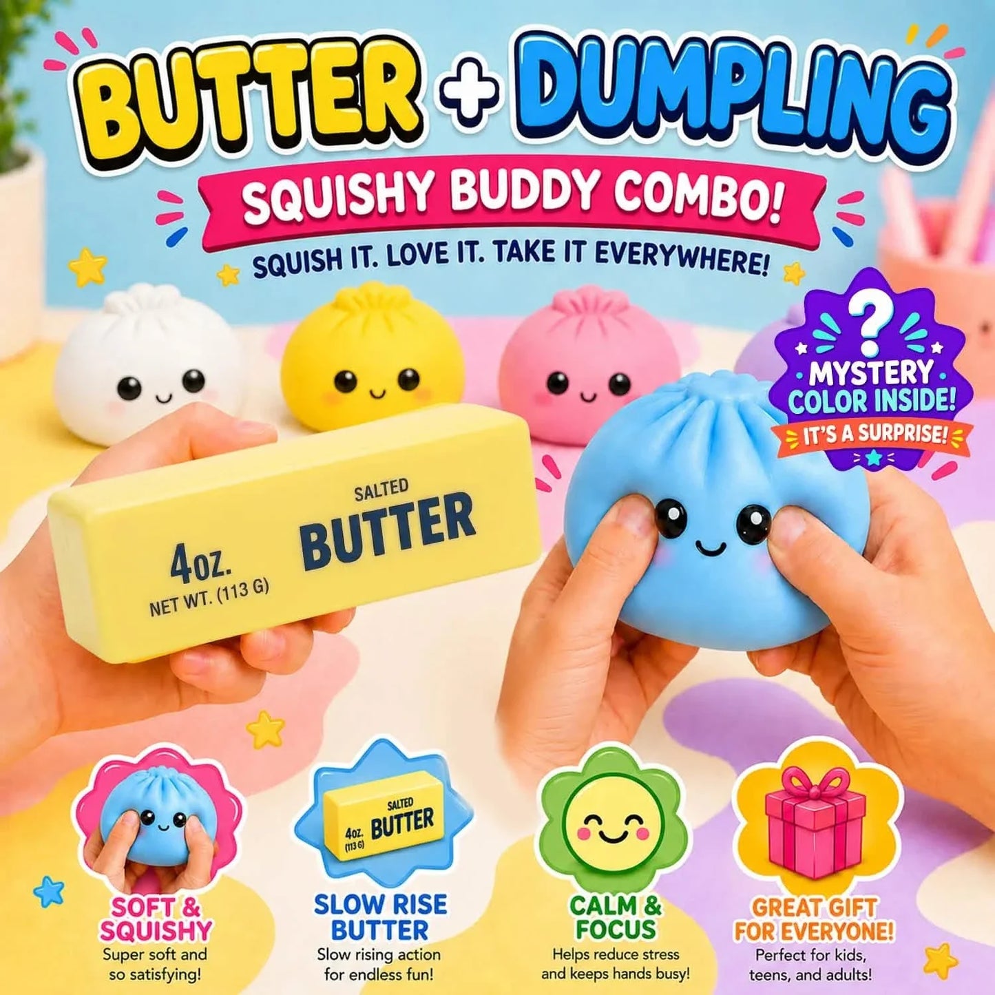 Two slow-rising fidget toys in a 2-pack: a squishy dumpling and a butter-shaped stress relief toy from DailySale.