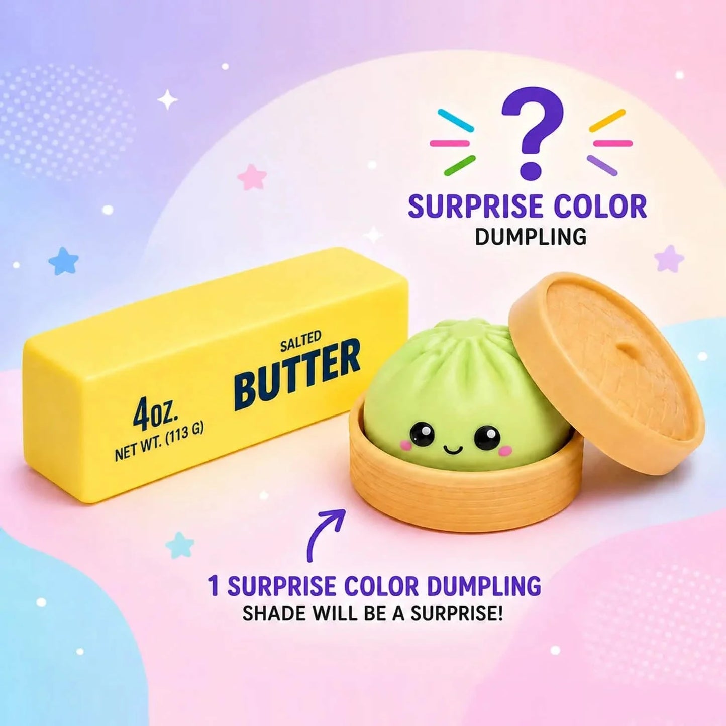 Two slow-rising fidget toys: squishy dumpling and butter toy, colorful, soft, and squeezable, designed for stress relief and sensory play.