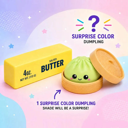 Two slow-rising fidget toys: squishy dumpling and butter toy, colorful, soft, and squeezable, designed for stress relief and sensory play.