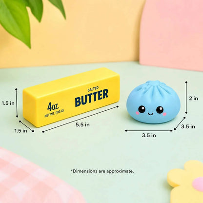 Two squishy fidget toys: a dumpling and a butter, featuring slow rising, soft, and squeezable textures for stress relief and fun.