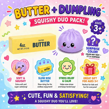 Two slow-rising fidget toys including a squishy dumpling and butter-shaped stress relief toy in a combo pack by DailySale.