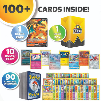 Pokémon Ultra Rare Battle Bundle with over 100 cards from DailySale, featuring colorful Pokémon trading cards in a vibrant display.