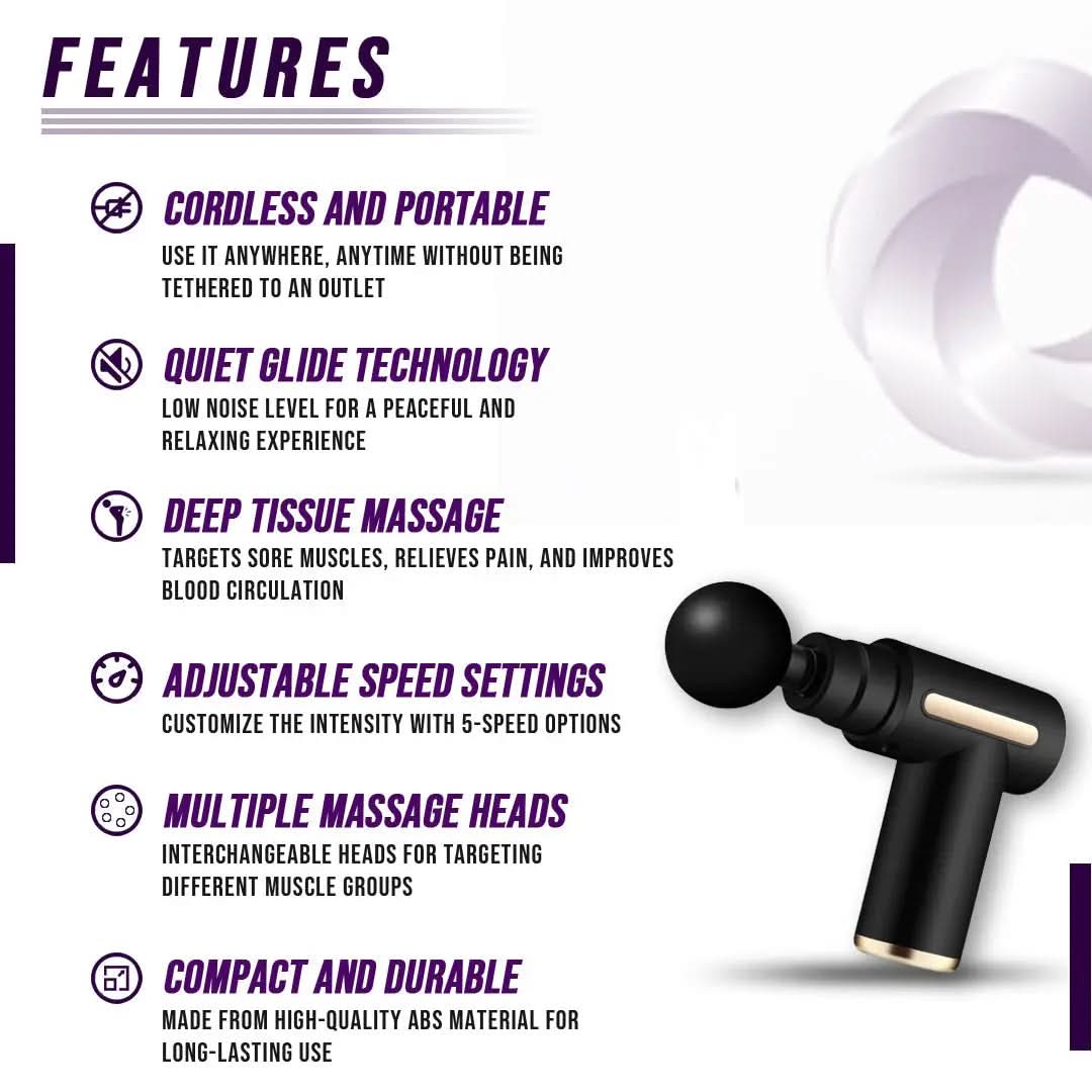DC-eterus muscle massage gun with ergonomic handle and multiple attachment heads for deep tissue relief.