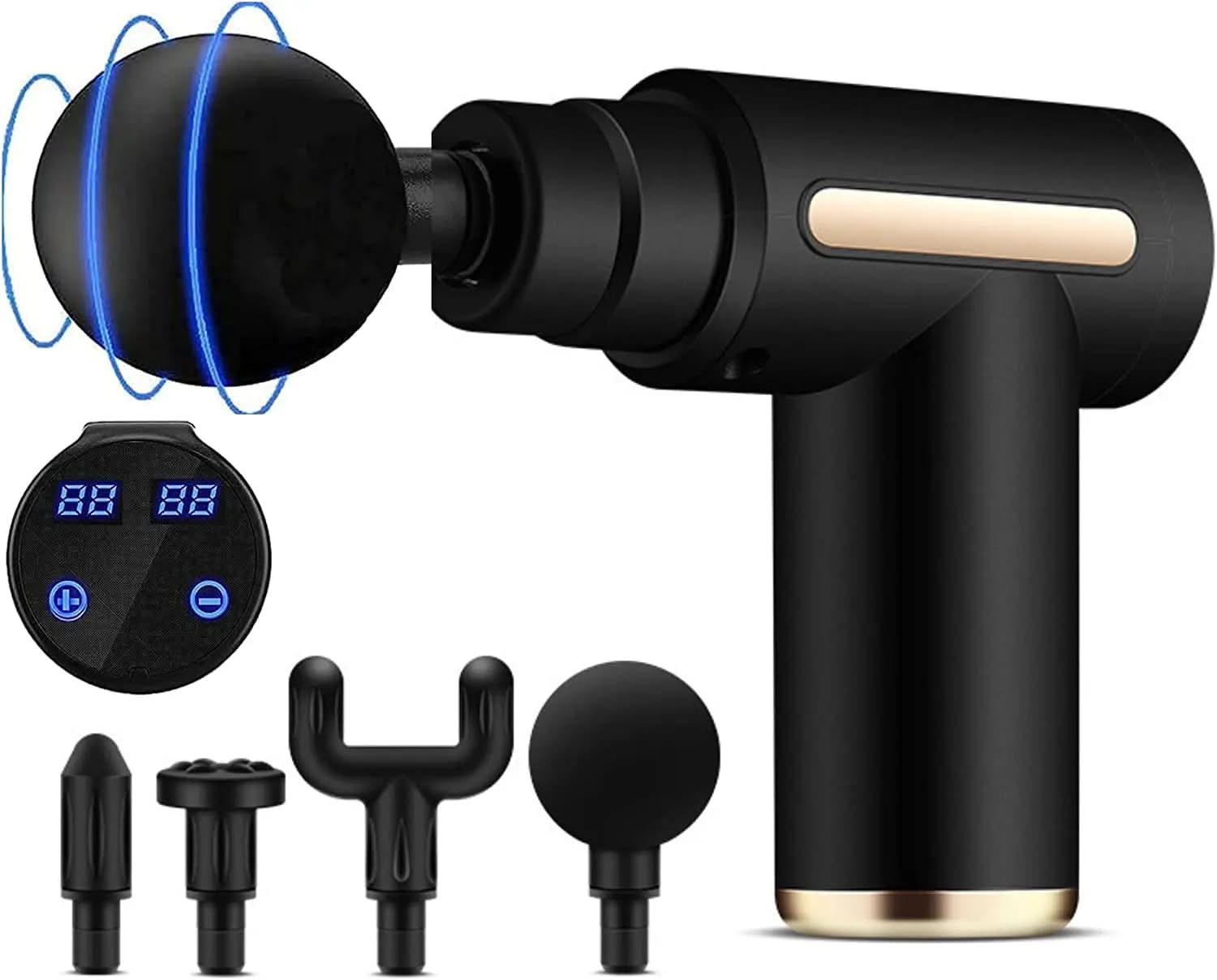 DC-eterus Muscle Massage Gun with ergonomic handle and multiple attachment heads for deep tissue relief.