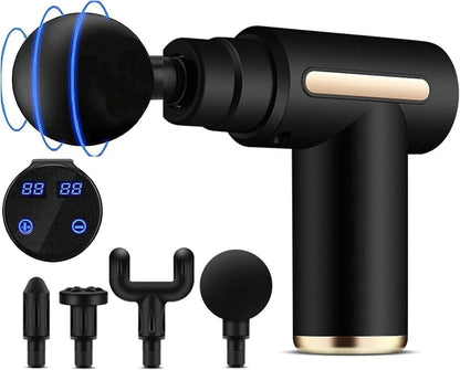 DC-eterus Muscle Massage Gun with ergonomic handle and multiple attachment heads for deep tissue relief.