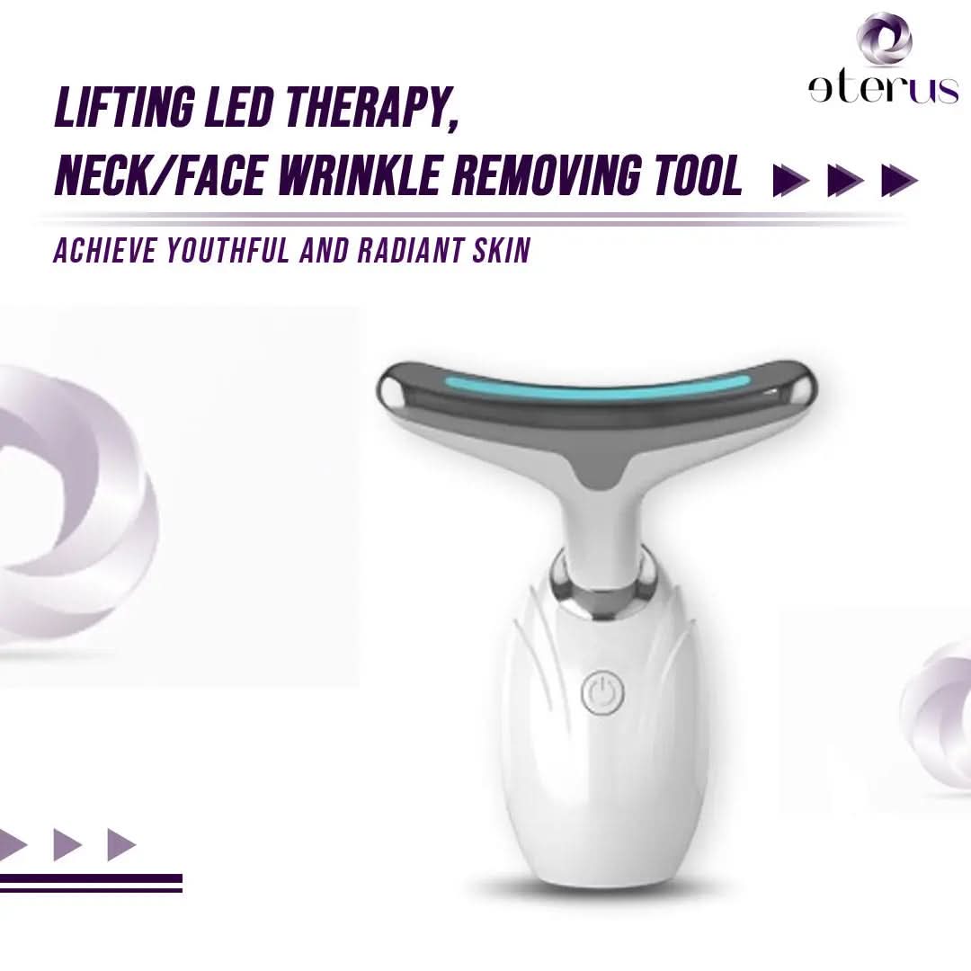 DC-eterus Neck & Face Lifting LED Therapy Device showing sleek handheld design with LED lights for skin rejuvenation.