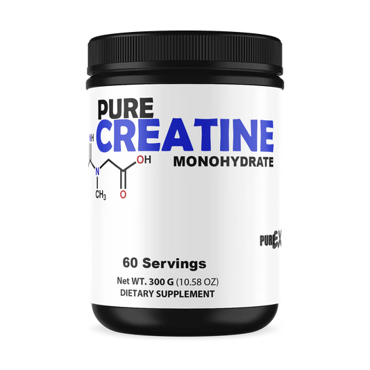 Container of DC-Purex Nutrition Pure Creatine powder with a label featuring the product name and brand.