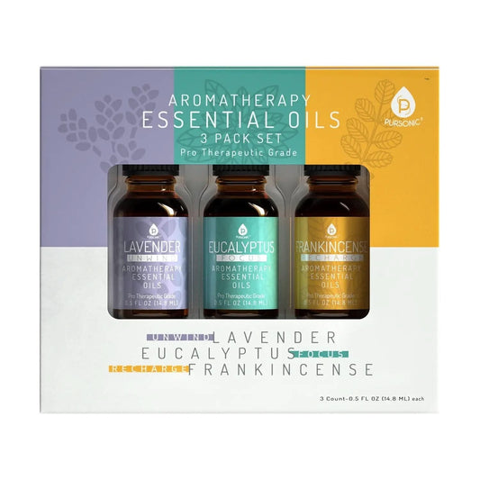 Set of three DC-PURSONIC aromatherapy essential oils with lavender, eucalyptus, and frankincense in glass bottles.