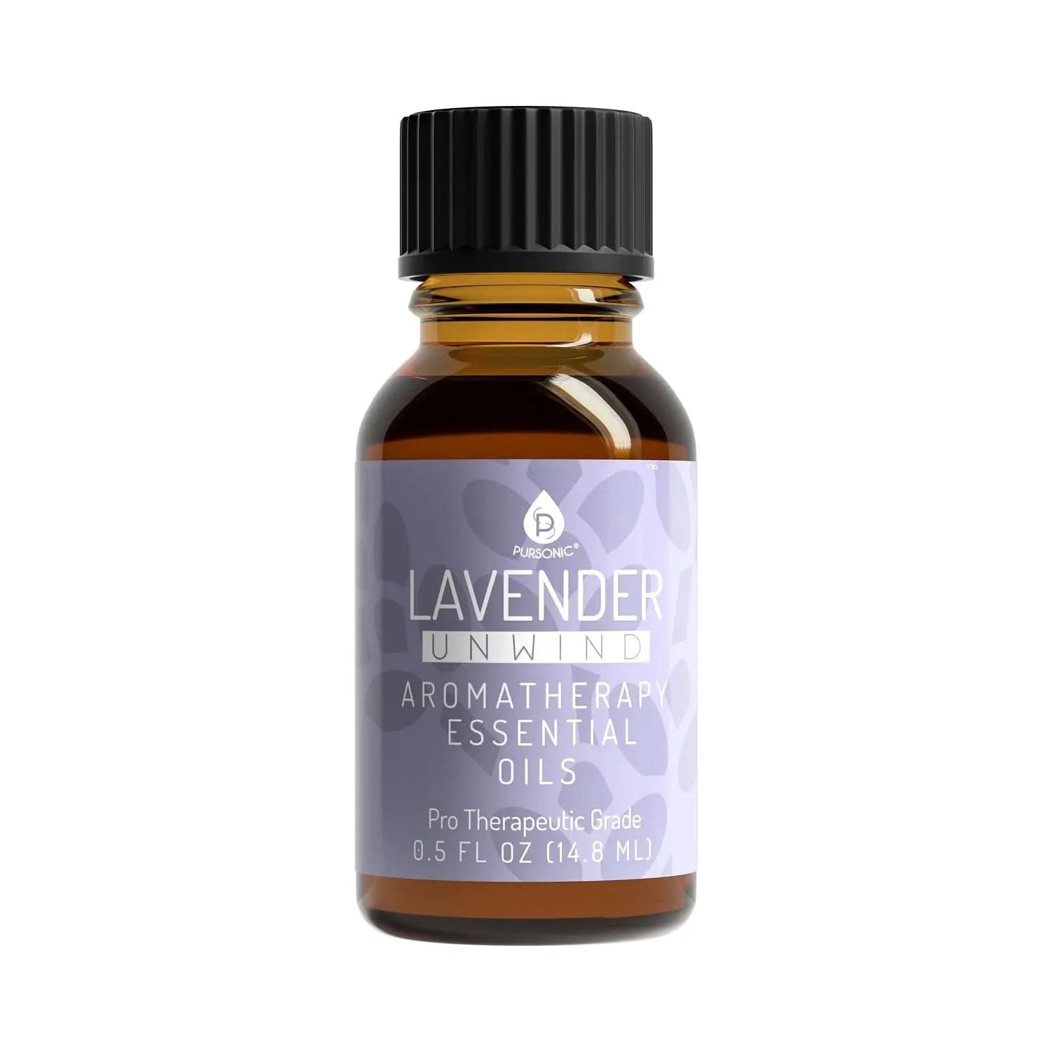 Three bottles of DC-PURSONIC aromatherapy essential oils in lavender, eucalyptus, and frankincense with labels visible.