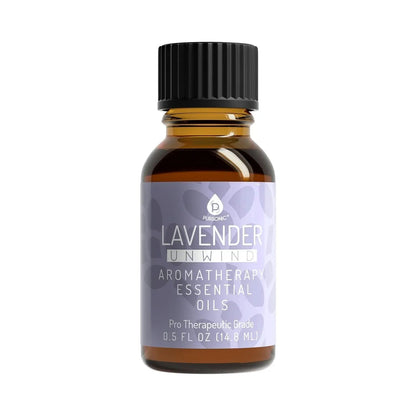 Three bottles of DC-PURSONIC aromatherapy essential oils in lavender, eucalyptus, and frankincense with labels visible.