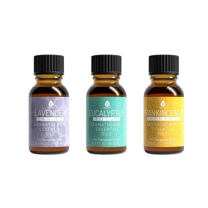 Three bottles of DC-PURSONIC aromatherapy essential oils with lavender, eucalyptus, and frankincense scents on a white background.