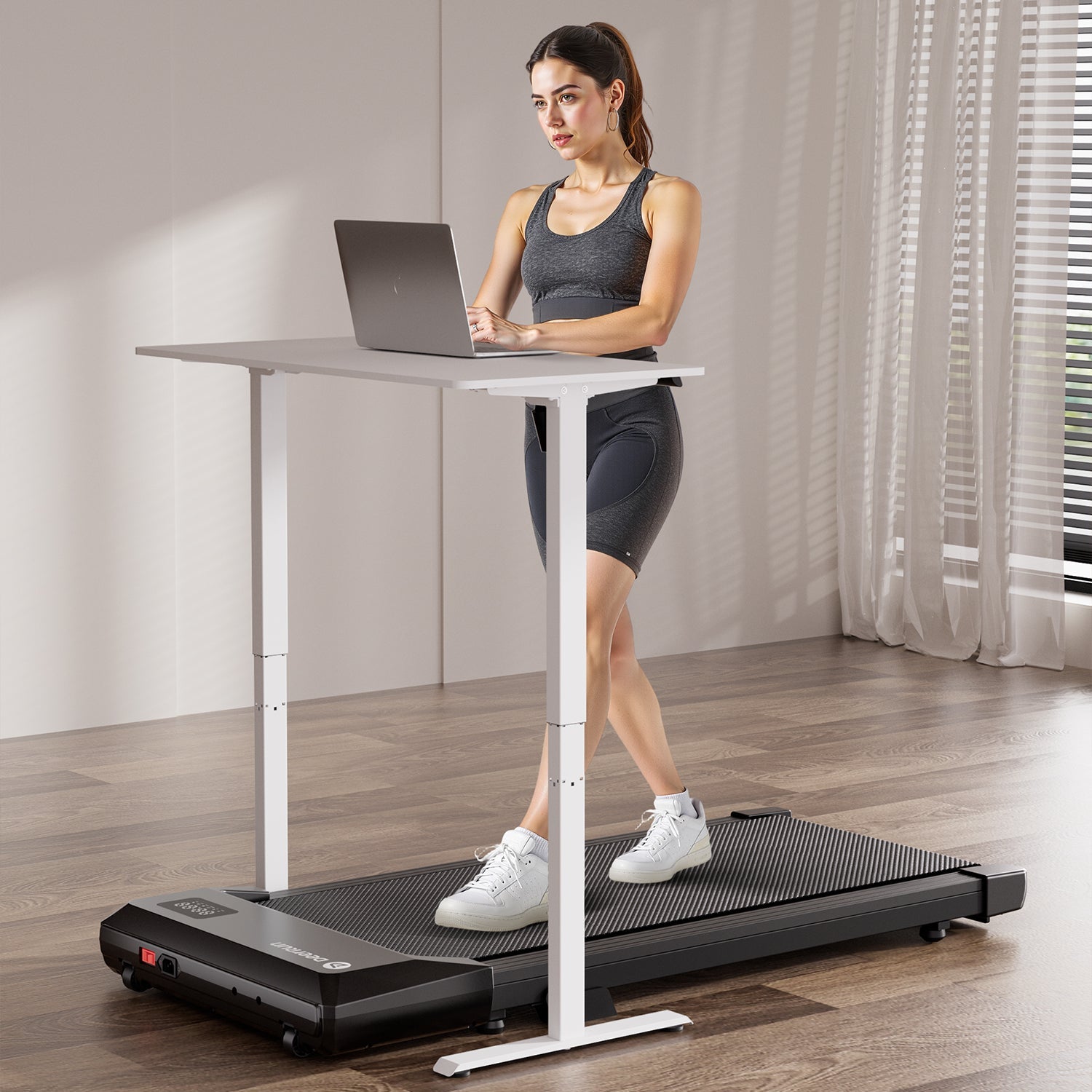 DeerRun Q2 Urban Smart Walking Pad treadmill with incline, rose gold finish, remote control, and digital display for versatile workouts.