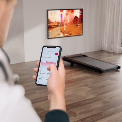 DeerRun Q2 Urban Smart Walking Pad treadmill with incline, rose gold finish, remote control, and digital display panel.