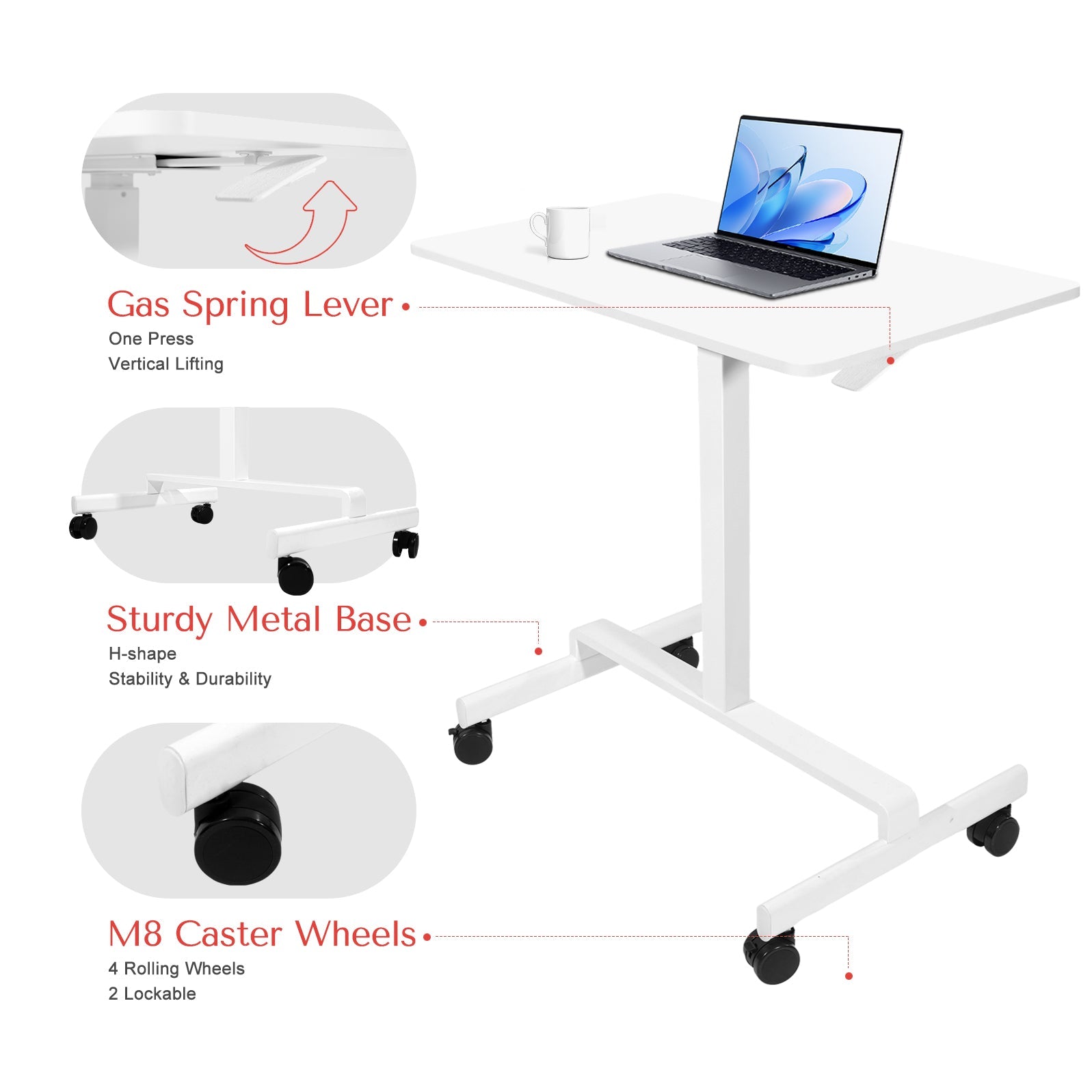 DeerRun® adjustable standing desk for laptops, 31.5 inches long and 18.9 inches wide, with rolling wheels for easy movement.