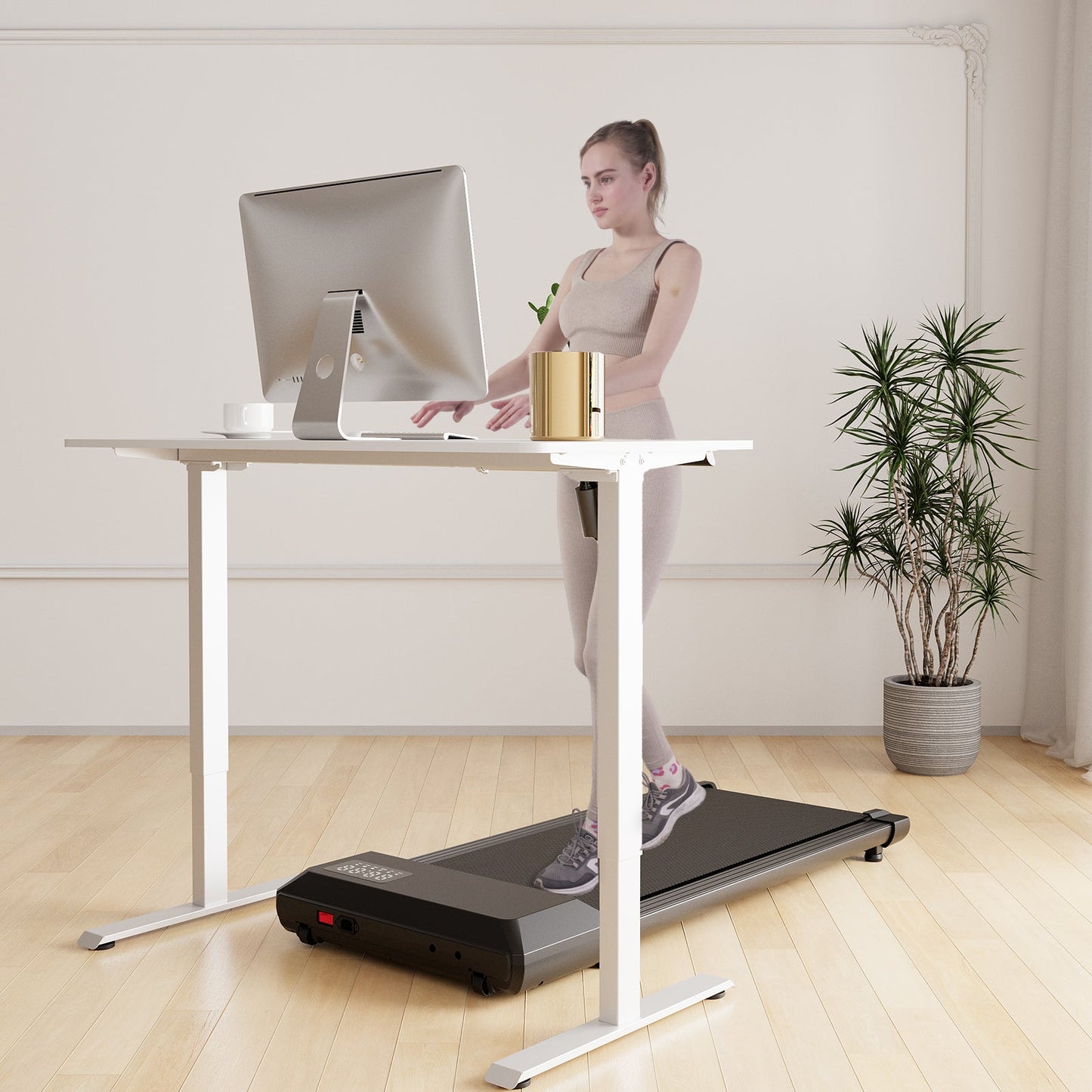 DeerRun® electric standing desk in 39x23 inches with height adjustment, showing a modern workspace with a sleek wooden surface.