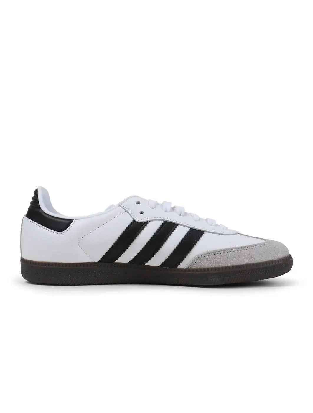 Men's Adidas Samba OG sneakers in classic white and black, soccer-inspired lifestyle footwear with stylish details.