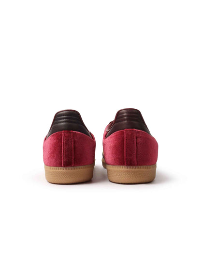 Adidas Women's Samba OG red velvet sneakers, showcasing classic design and stylish detail, perfect for casual wear.