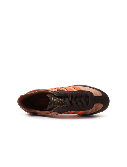 Adidas Samba women's sneakers in luxe brown with white accents, showcasing stylish women's footwear from Denim Exchange.