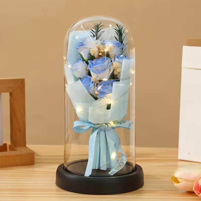 Eternal Rose Soap Flower Bouquet with LED Glass Dome – Romantic Gift Decor