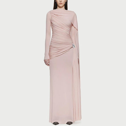 Diagonal Ruched Cape Gown | Asymmetric Draped Long Sleeve Maxi Dress(MS222)