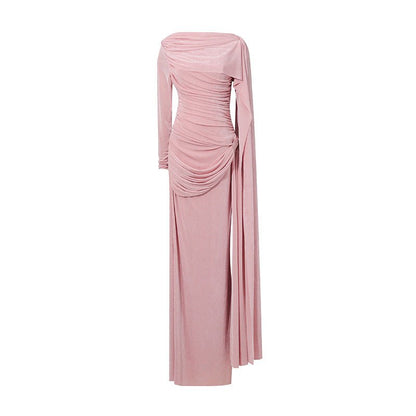 Diagonal Ruched Cape Gown | Asymmetric Draped Long Sleeve Maxi Dress(MS222)